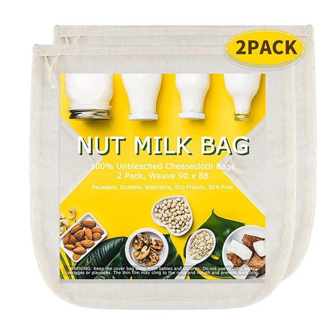 Nut Milk Bags(Upgraded, Weave 90x88), All Natural Cheesecloth Bags 12"x12" 2 Pack, 100% Unbleached Cotton Cloth Bags for Cheese/Tea/Yogurt/Juice/Wine/Soup/Herbs, Washable Reusable Almond Milk Strainer