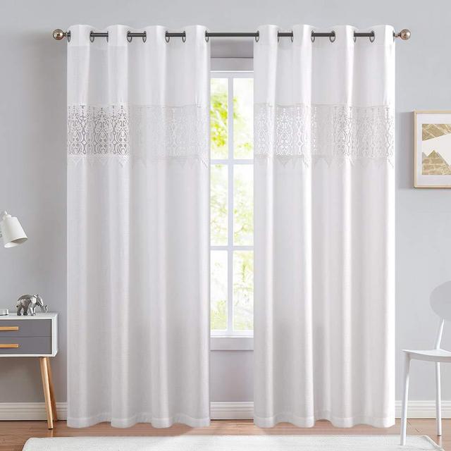 jinchan Semi Sheer Window Curtains Color Block Privacy Casual Weave Textured Grommet Top French Window Curtain Drapes 2 Panels 84" L White