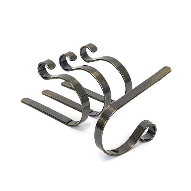 Elf Logic - 4 Pack Christmas Stocking Holder - Elegant, Adjustable, Metal Stocking Hook - Low Profile Christmas Fireplace Hooks/Mantle Clips (4 Pack)