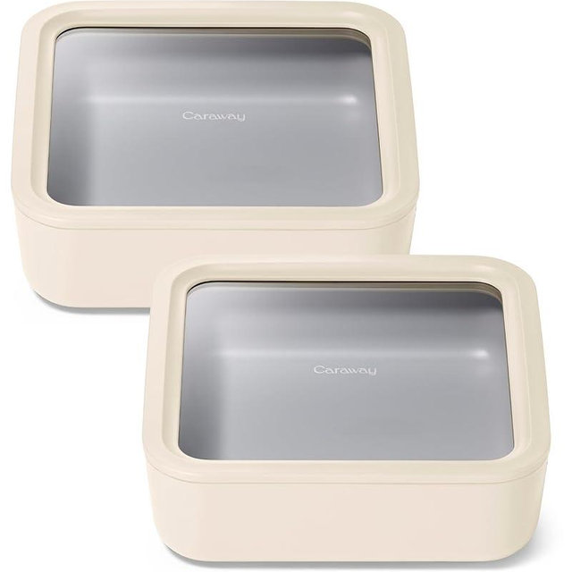 Caraway Glass Food Storage - 10 Cup Glass Container Duo - Ceramic Coated Food Container - Non Toxic, Non Stick Lunch Box Container with Glass Lids. Dishwasher, Oven, & Microwave Safe - Cream