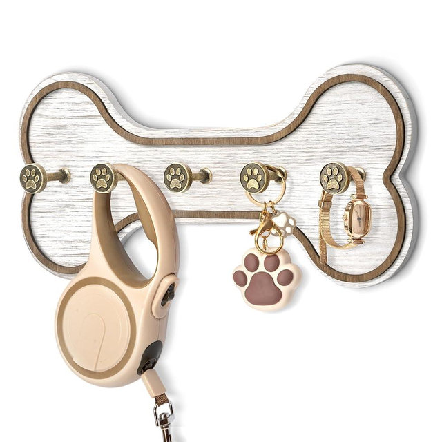 MTERSN Rustic Farmhouse Dog Leash Holder for Wall - Decorative Key Hooks Wall Mount with Bone Shape and Coat Hanger for Entryway - Pets Accessories Storage for Dog Lover Gifts (Distressed White)