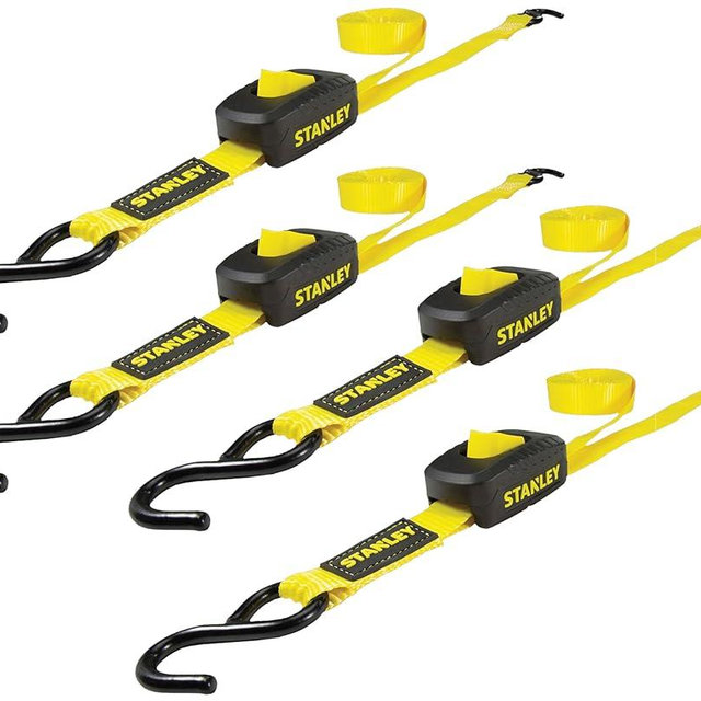 STANLEY S2002 Black/Yellow 1" x 10' Enclosed Cam-Buckle Tie Down Straps - 400 lb Safe Working Load / 1,200 lb Break Strength, 4 Pack
