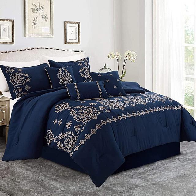 MERRY HOME Bedding Comforter Sets - Bed in A Bag California King Size Comforter Set(400GSM), 7 Pieces Comforter Set Soft and Comfortable for All Season (Navy, Cal King)