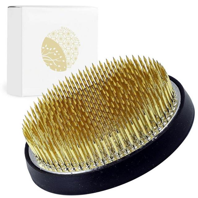 Wazakura Ikebana Kenzan Japanese Flower Holder, Made in Japan, Floral Arranging Pin Frog, Round - 3-1/4"(80mm) Brass