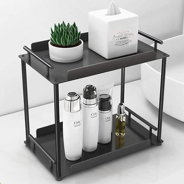 FLE 2 Tier Standing Rack,Bathroom Organizer Countertop Storage Shelf Cosmetic Organizer Holder Kitchen Spice Rack,Black