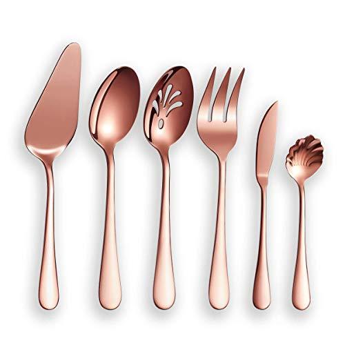 Berglander Stainless Steel Rose Gold Titanium Plated Flatware Serving Set 6 Pieces, 5 Serving Pieces of 45 Pieces Flatware with 1 Cake Server, Copper Serving Silverware Set