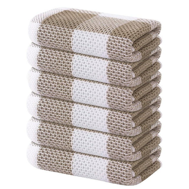 Homaxy 100% Cotton Waffle Weave Check Plaid Kitchen Towels, 13 x 28 Inches, Super Soft and Absorbent Dish Towels for Drying Dishes, 6-Pack, White & Khaki