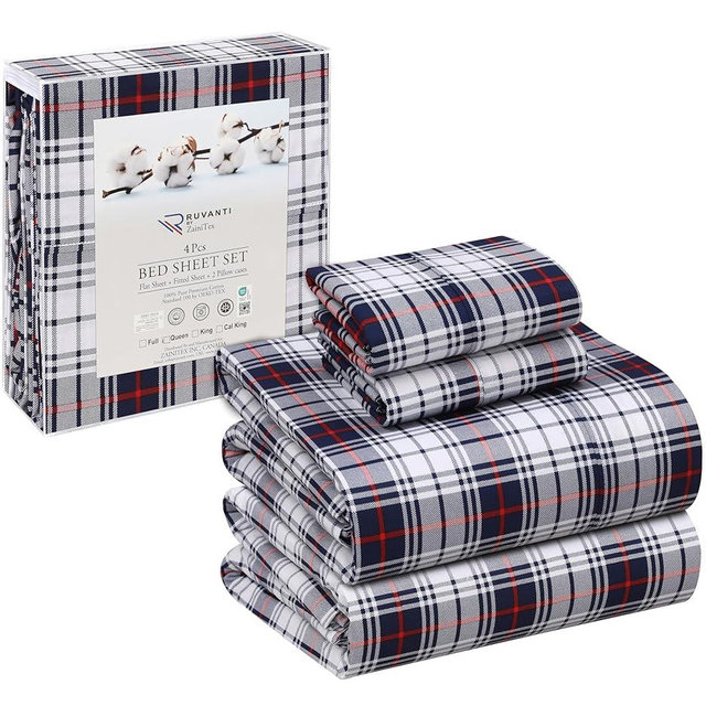 RUVANTI 100% Cotton King Size Sheets Set, 4 Pieces, Soft & Breathable Percale Weave Bedding, Deep Pocket 16", Hotel Standard, Crisp Cool Feel, Durable, Perfect Floral Bed Sheet, Prussian
