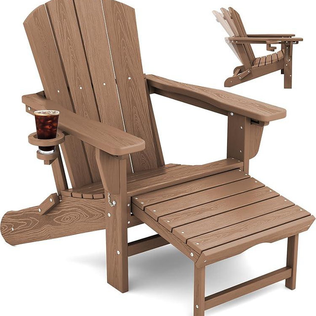 KINGYES Folding Adjustable Adirondack Chair with Retractable Ottoman, HDPE Weather Resistance Oversized Outdoor Chair with Cup Holder, Wood-Like Reclining Versatile Adirondack Chair, Brown