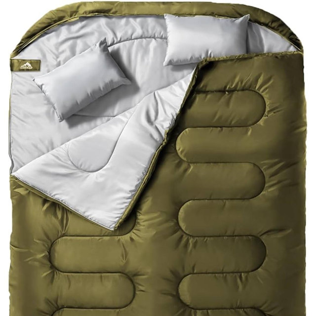 MEREZA Double Sleeping Bag for Adults Mens with Pillow, XL Queen Size Two Person Sleeping Bag for All Season Camping Hiking Backpacking 2 Person Sleeping Bags for Cold Weather & Warm