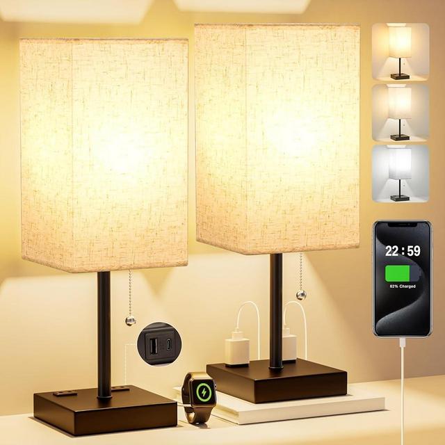 Table Lamps for Bedroom Set of 2 Nightstand - 17.4In Tall, 3 Color Bedside Lamps with AC Outlets and USB A & C for Charging, Square Night Stand light Lamp, End Table Lamp for Living Room/Dorm/Office