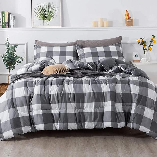 Andency Light Gray Plaid Comforter Queen(90x90 Inch), 3 Pieces(1 Plaid Comforter and 2 Pillowcases) Buffalo Check Plaid Comforter Set, Microfiber Down Alternative Comforter Bedding Set