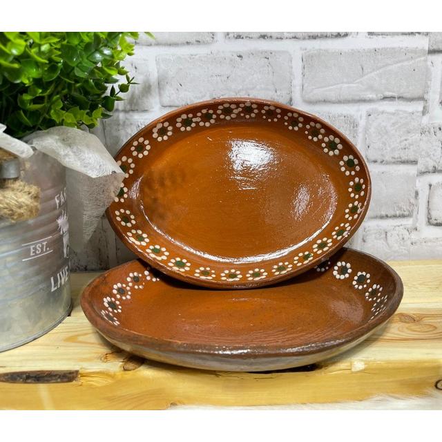 Mexican hand made 11” oval plate 2pc set/Platos de barro ovalados