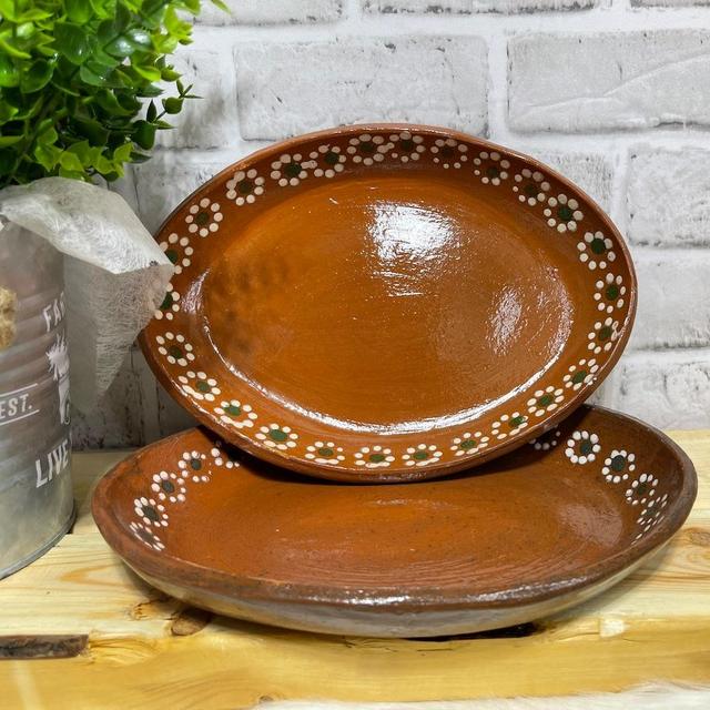 Mexican hand made 11” oval plate 2pc set/Platos de barro ovalados