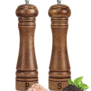 Wooden Salt and Pepper Grinder Set Refillable Salt & Pepper Mills Adjust for Coarseness, Crafted of Solid Oak Wood with Ceramic Stainless Steel Core, 8 Inches - 2 Packs