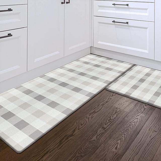 Sunlit Set of 2 Anti Fatigue Kitchen Floor Mat, Non Slip Waterproof Comfort Standing Mat, 0.4Inch Thick Cushioned Farmhouse Kitchen Rug Runner, Gray and Brown Buffalo Plaid(Size:17"x28"&17"x47")