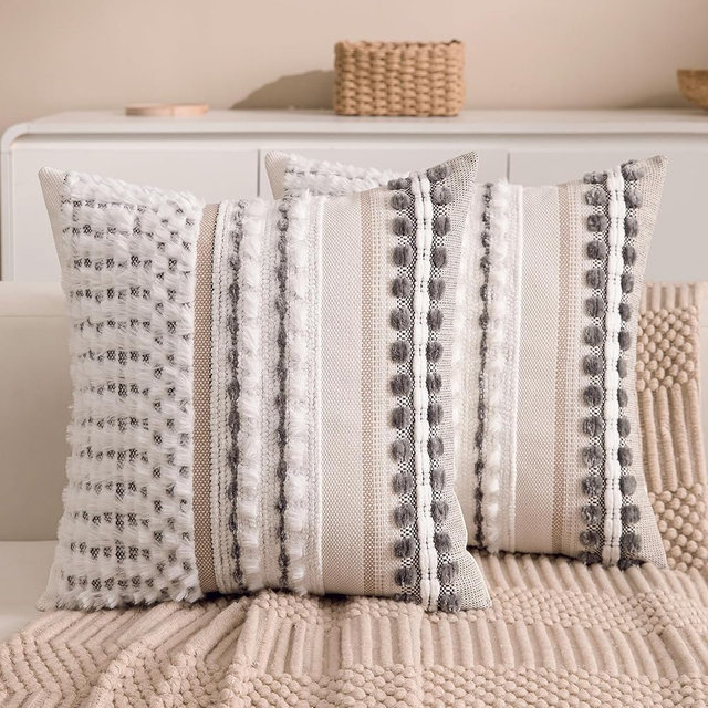 KOOLIFE Boho Chenille Tufted Couch Throw Pillow Covers 18x18 Inch Set of 2 Farmhouse Striped Decorative Pillow Covers Accent Neutral Square Pillowcase Grey Cushion Covers for Livingroom Sofa Bed