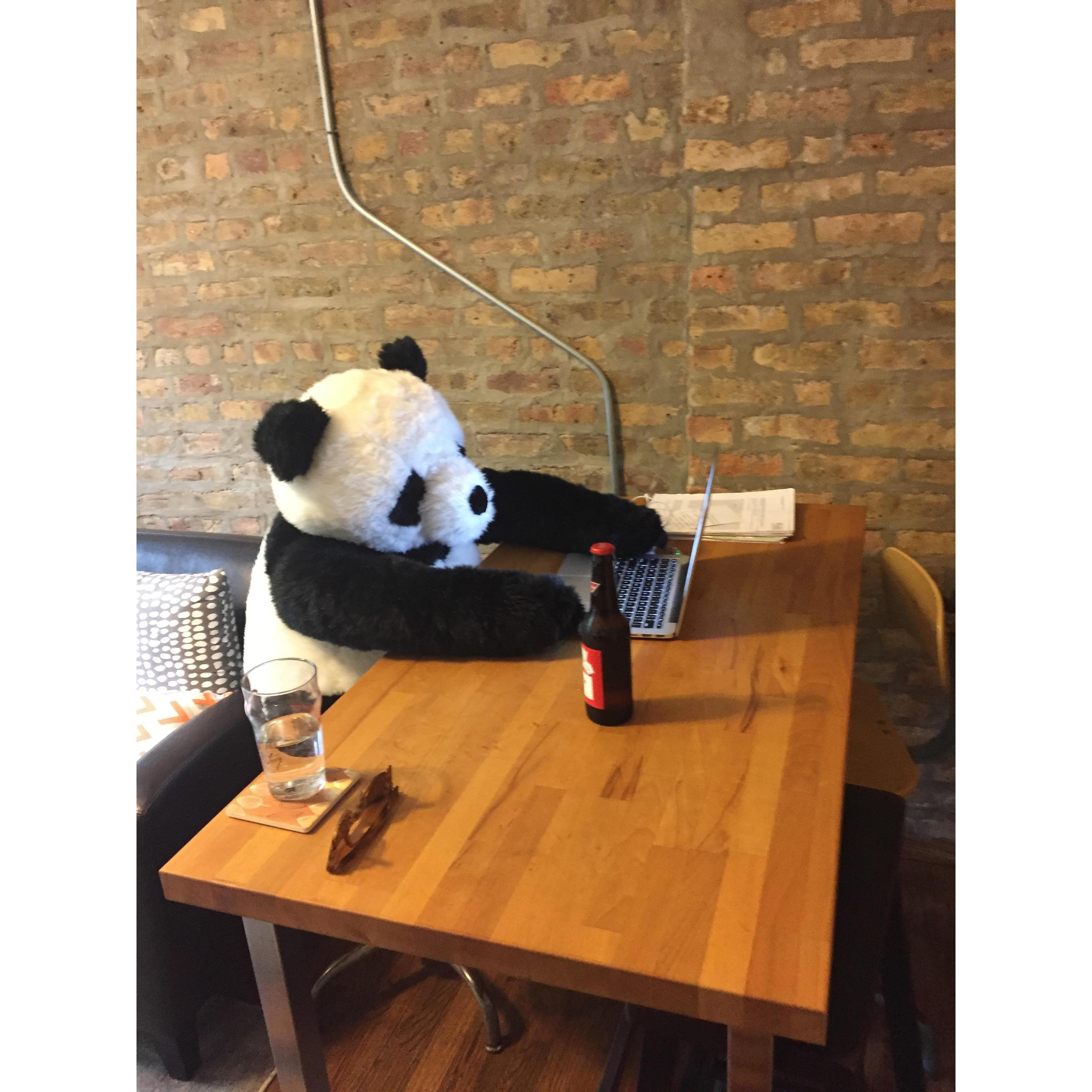 John bought Amanda a giant panda to rest on after a surgery. Then while she was at work, he sent her this photo.
