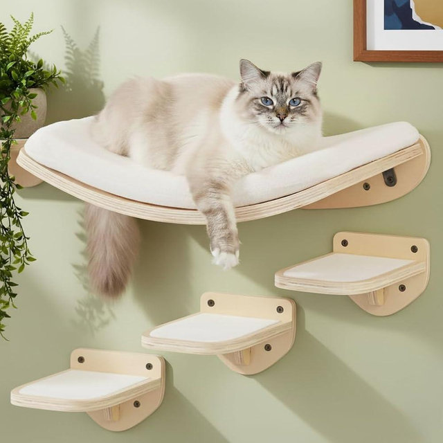 LAMOOSHIK Cat Wall Shelves, Natural Finish – Floating Cat Furniture with Curved Bed & Steps | Modern Minimalist Wood Climbing Shelves Set of 4 for Indoor Cats, Sturdy Wall-Mounted Design