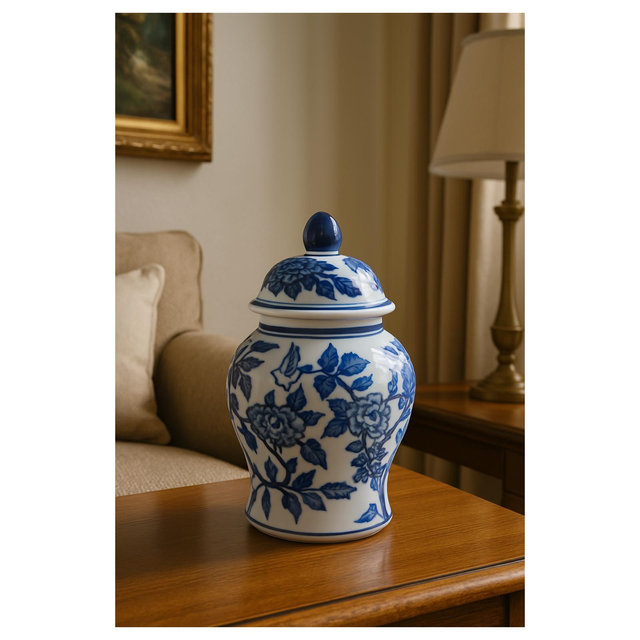 Chinoiserie Ceramic Temple Jar for Living Room Decor - Stylish Flower Vase for Bedroom, House, or Office Space - 9", White & Blue