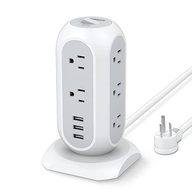 Power Strip Tower TESSAN Surge Protector with 11 Widely Spaced Outlets 3 USB Ports, Extension Cord 6 Feet, Multi Outlets Charging Station Tower, Flat Plug, 1050 Joules, Dorm Room Essentials