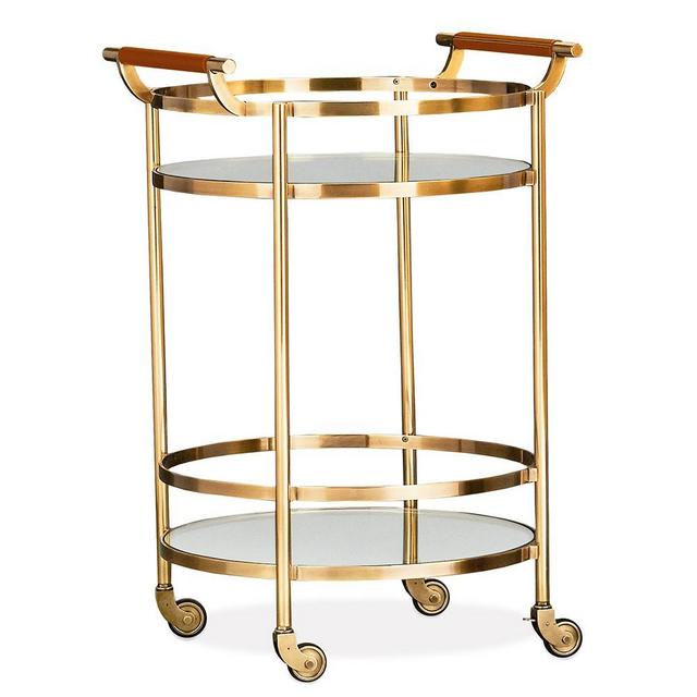 Truman Round Bar Cart, Antique Brass, Saddle Leather