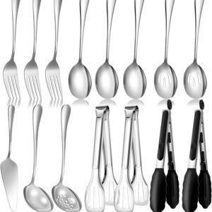 Serving Utensils Set for Partie, Silver Stainless Steel Metal Serveware Large Serving Spoons, Slotted Spoons, Forks, Tongs, Soup and Skimmer Spoon, Cake Server for Buffet, Catering, Entertaining 15pcs
