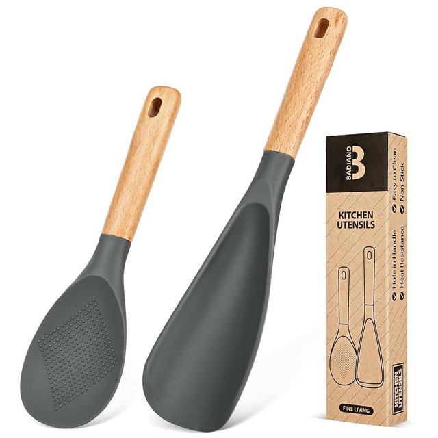 Cooking Spoon and Rice Scooper for Nonstick Cookwares, Great for Cooking and Serving Durable BPA-Free Matte Silicone, Wood Handle Spoon for Mixing, Scoop, and Scrape (GREY)