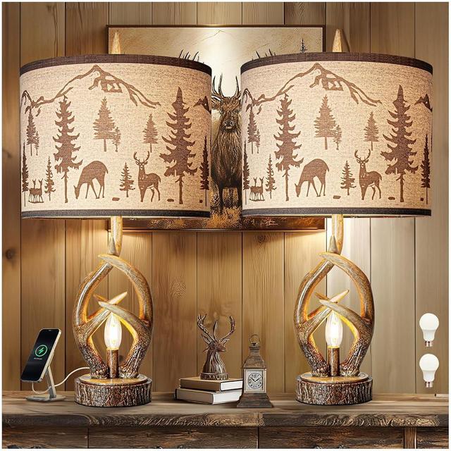 Scenekoy Antlers Style Table Lamp Set of 2 Rustic Bedside Lamp with Night Light Linen Fabric Shade Farmhouse Nightstand Lamps Decor for Living Room Bedroom House Home Office (Bulb Included)