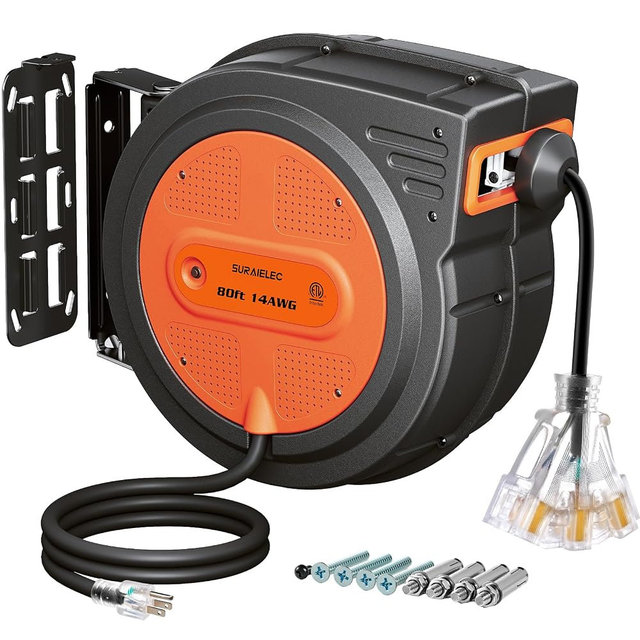 SURAIELEC 80 FT Retractable Extension Cord Reel, 14 AWG SJTOW Power Cord for Garage & Workshop, 10A Circuit Breaker, Wall/Ceiling Mount, Upgraded Anti-Tangle Roller Design, ETL Listed, Orange