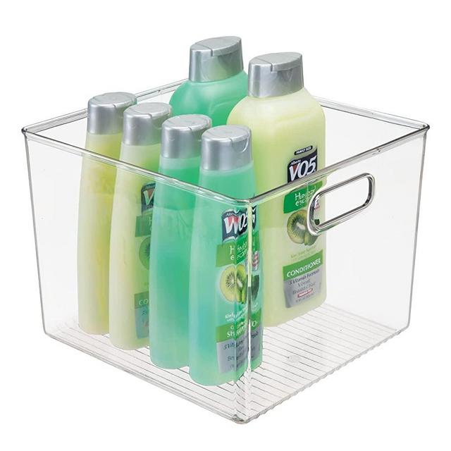 mDesign Plastic Stackable Storage Organizer Bin Basket with Handle for Bathroom Organization - Shelf, Cubby, Cabinet, and Closet Organizing Decor - Ligne Collection - Clear