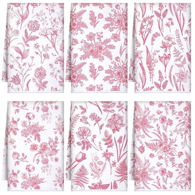 Boyiee 6 Sets Vintage Flower Kitchen Towels Pink and White Wildflower Dish Cloth Absorbent Retro Floral Tea Hand Towels Decorative Set 24"x16" for Farmhouse Kitchen Bathroom Housewarming Gift