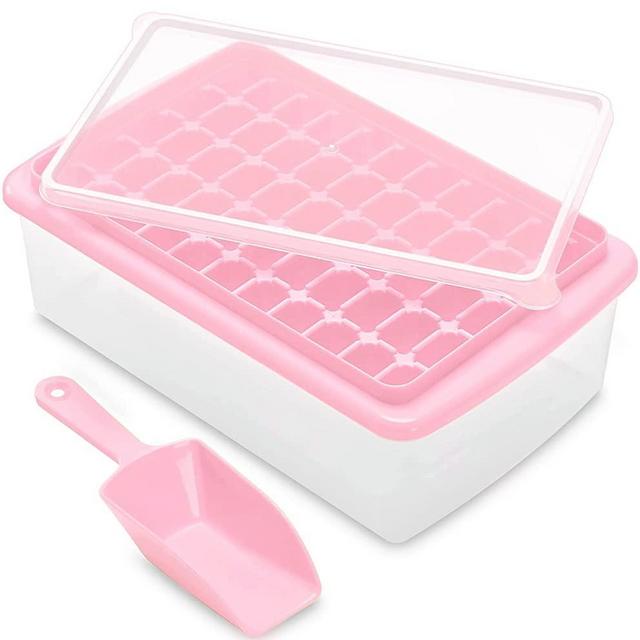ARTLEO Ice Cube Tray Lid and Bin for Freezer, Easy-Release 55 Mini Nugget Ice Tray with Spill-Resistant Cover, Storage Container, Scoop. Flexible Durable Plastic Small Ice Tray Bucket, BPA Free