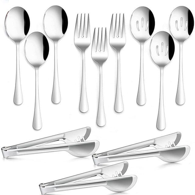 12-Piece Large Serving Utensils Set, E-far Stainless Steel 9.8 Inch Serving Slotted Spoons, 9.9 Inch Serving Fork, 9.4 Inch Serving Tong for Buffet Catering Banquet, Mirror Finish & Dishwasher Safe