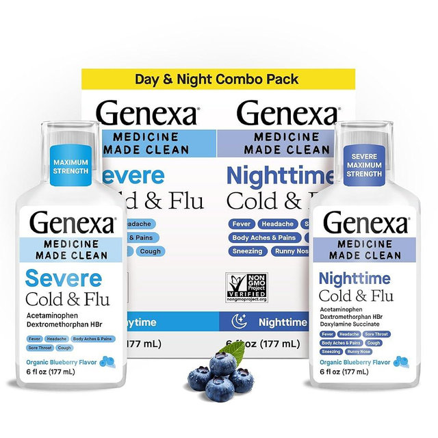 Genexa Clean Cold & Flu Daytime + Nighttime Severe Relief, Dye Free, 0% Artificial Additives, Acetaminophen Fever Reducer, Cough Suppressant, Antihistamine, Organic Blueberry Flavor, 12 fl oz (2 pack)