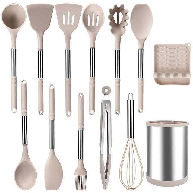 Silicone Cooking Utensil Set,HOUJIP Kitchen Utensils 13pcs Set Non-stick Heat Resistan BPA-Free Stainless Steel Handle，Stainless Steel Rotating Utensils Holder -Khaki