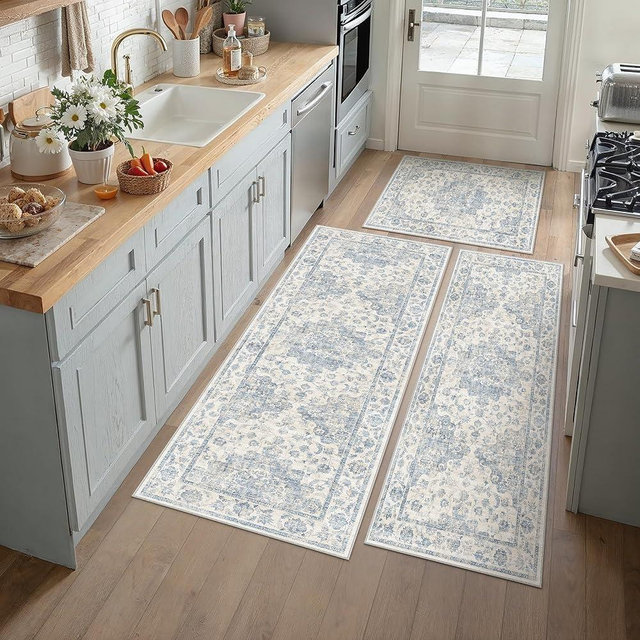 WondRg Neutral Kitchen Rug Set of 3 Washable Blue Vintage Kitchen Mats for Floor Non-Slip Kitchen Runner Rug Soft Low Pile for Bathroom Laundry Hallway Sink Entryway