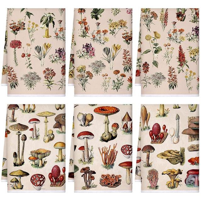 Boyiee Set of 6 Mushroom Kitchen Towel Set Vintage Wildflower Dish Towels Rustic Tea Towels Absorbent Floral Dish Towels 24"x16" Forest Hand Towels for Farmhouse Kitchen Bathroom Housewarming Gift
