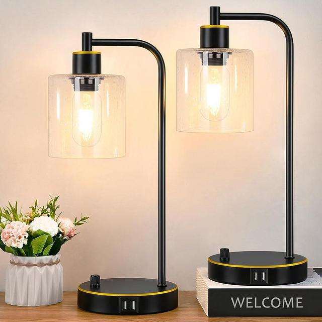 Set of 2 Black and Gold Industrial Table Lamps with 2 USB Port, Fully Stepless Dimmable Lamps for bedrooms, Bedside Nightstand Desk Lamps with Seeded Glass Shade for Reading Office 2 LED Bulb Included