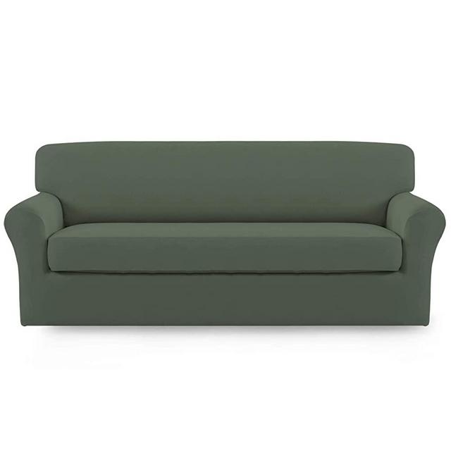 Easy-Going 2 Pieces Microfiber Stretch Sofa Slipcover – Spandex Soft Fitted Sofa Couch Cover, Washable Furniture Protector with Elastic Bottom Kids,Pet (Sofa, Greyish Green)