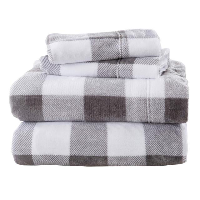 Extra Soft Cozy Velvet Plush Sheet Set. Deluxe Bed Sheets with Deep Pockets. Velvet Luxe Collection (King, Buffalo Check - Grey)