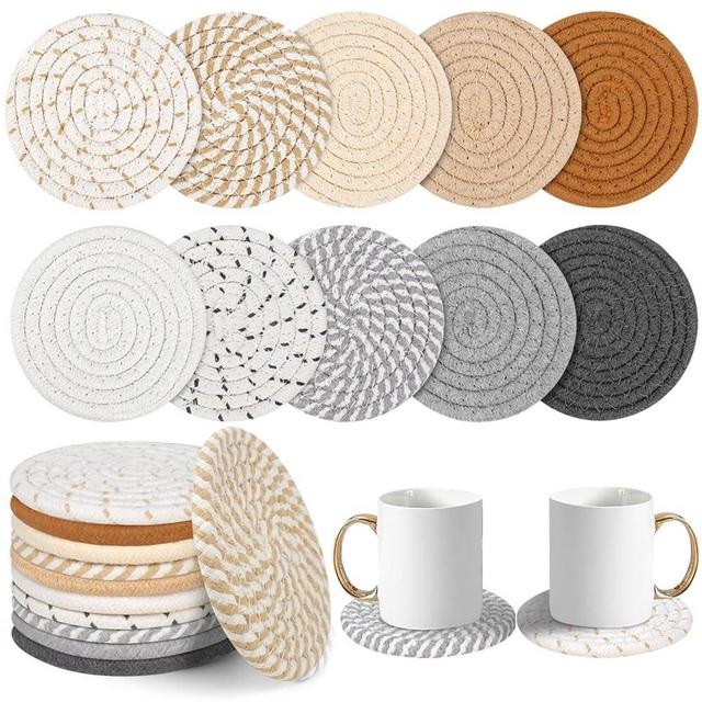 vivinin 10 Psc Cotton Coasters, Absorbent Boho Coasters, Coasters for Drinks, Cup Coasters Woven Coasters, 10-Color Coaster Set for Room Decor Bar Housewarming Gift, 4.3inch