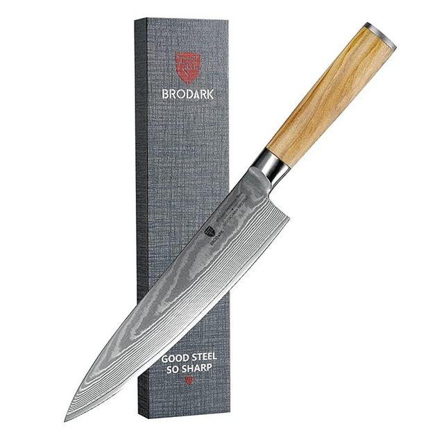 BRODARK Damascus Chef Knife,Japanese Kitchen Knife 8 Inch with Precious Olive Wood Handle,10Cr15CoMov High Carbon VG 10 Stainless Steel Cooking Knife,Superb Edge Retention,Gift Box