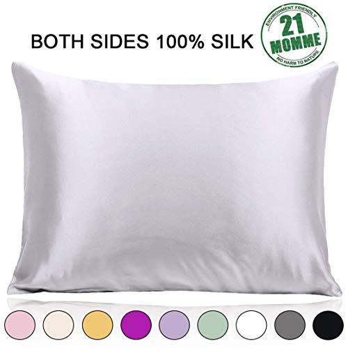 100% Pure Mulberry Silk Pillowcase Standard Size 21 Momme 600 Thread Count for Hair and Skin With Hidden Zipper, Hypoallergenic Soft Breathable Both Sides Silk Pillow Case, 20×26inch, Silver Grey