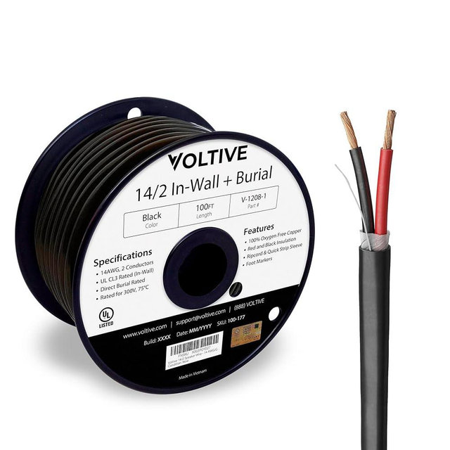Voltive 14/2 Speaker Wire - 14 AWG/Gauge 2 Conductor - UL Listed in Wall (CL2/CL3) and Outdoor/In Ground (Direct Burial) Rated - Oxygen-Free Copper (OFC) - 100 Foot Spool - Black