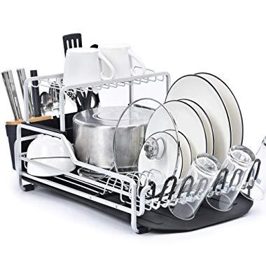 KINGRACK Dish Rack, 2-Tier XXL Aluminum Dish Drying Rack with Drain board, Customizable Dish Holder Set with Removable Top Shelf, Cutlery Holder & Cup Holder, Large Capacity Dish Rack for Kitchen