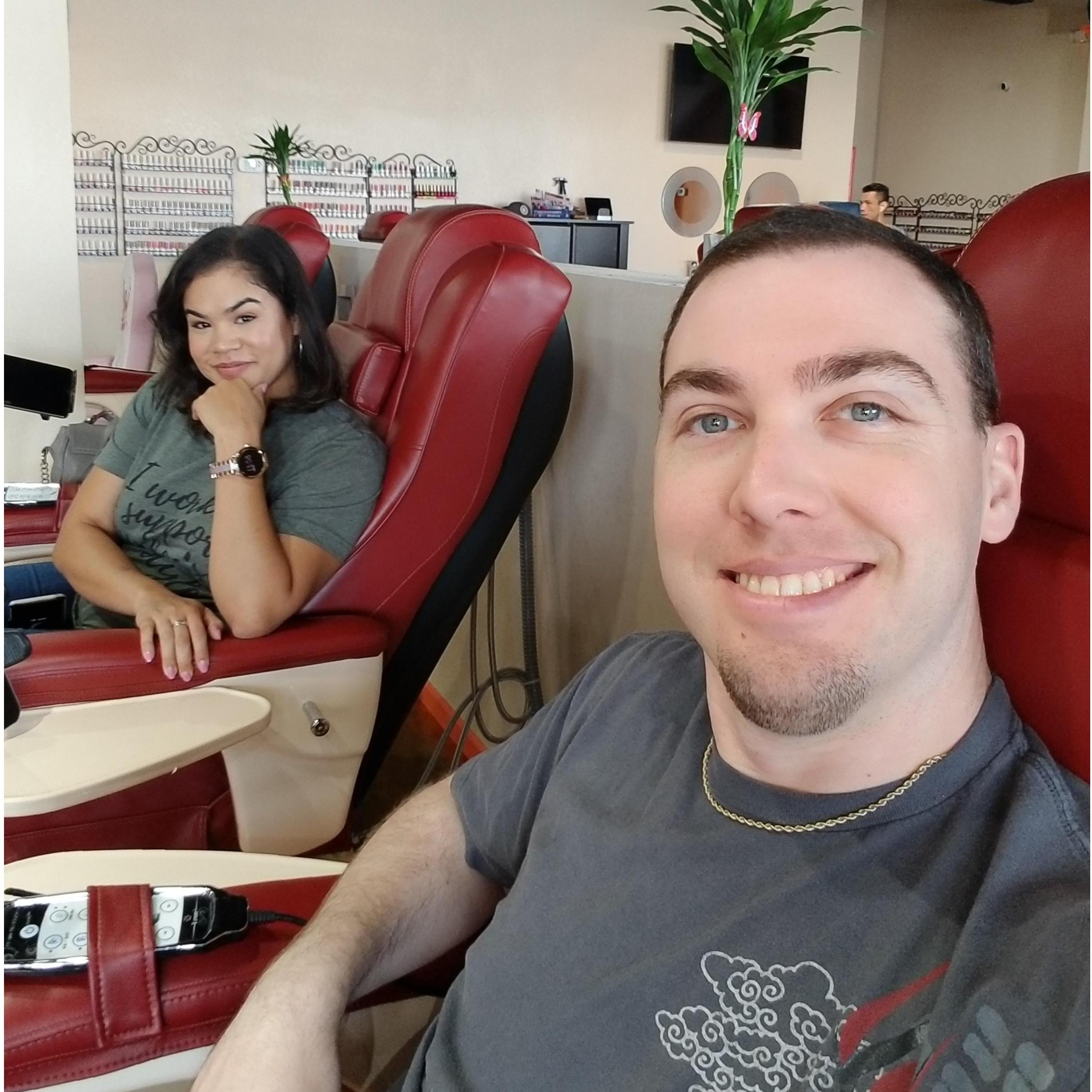 We liked to occasionally pamper ourselves and take trip to a local nail salon to get pedicures. Robbie was apprehensive at first, but warmed up to the idea after his first visit.