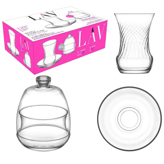 LAV INCI Turkish Tea Glasses with Sugar Bowl Set of 13 | 3.5 oz Glasses | 8.5 oz Bowl | Recyclable Glass | Perfect for Home, Cultural Gatherings, and Tea Parties | Dishwasher Safe