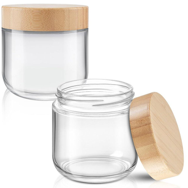 Tecohouse 12 oz Glass Jars with Lids 2 Pack Chia Pudding Jars with Bamboo Lids Refillable Cosmetic Jars For Cream, Salad, Snacks, Spice, Suger, Yogurt