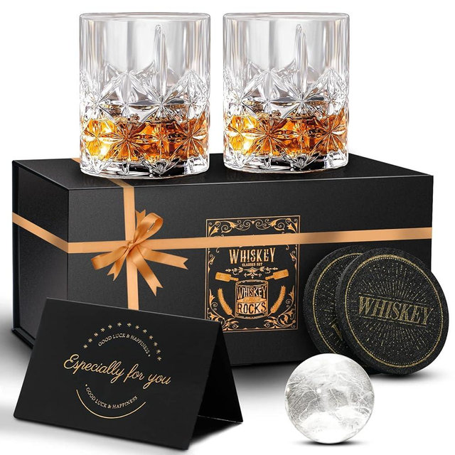 DIOXADOP Whiskey Glasses Set of 2, 11 OZ Old Fashioned Glasses with 2 Ice Ball Molds, Bourbon Glasses, Premium Scotch Glasses, Rocks Glasses, Cocktail, Rum Glasses, Whiskey Glasses for Men